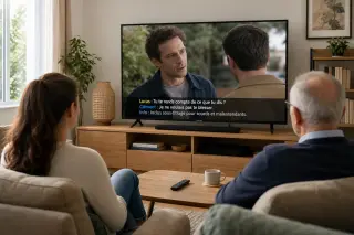 Living room where two people watch TV with French subtitles using different colors for speakers, clear contrast, and good placement on the screen.