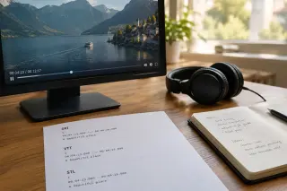 Computer screen showing a paused short film with timestamp overlays, black headphones, and a printed page displaying three subtitle format samples on a wooden desk, in bright natural light.