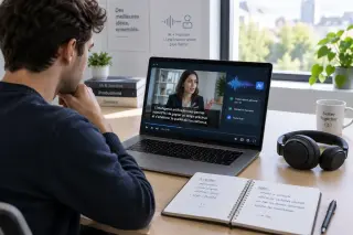 Un professionnel relit des sous-titres générés automatiquement sur son ordinateur, avec une vidéo affichant des sous-titres, un casque audio posé à côté, lumière naturelle, ambiance calme et studieuse.